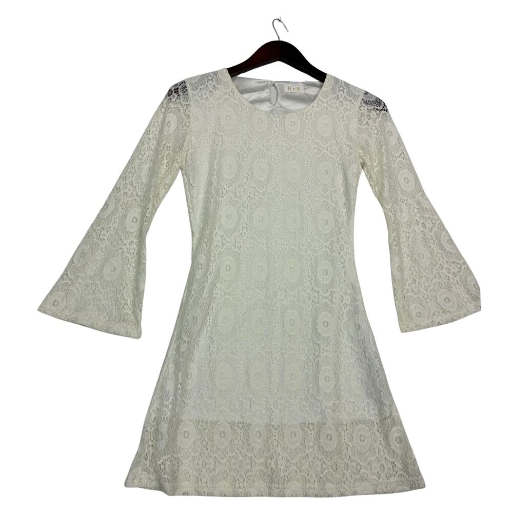 H&R Womens Lace Dress Size S Ivory Cream Bell Sleeve Crochet Boho Shift Mini